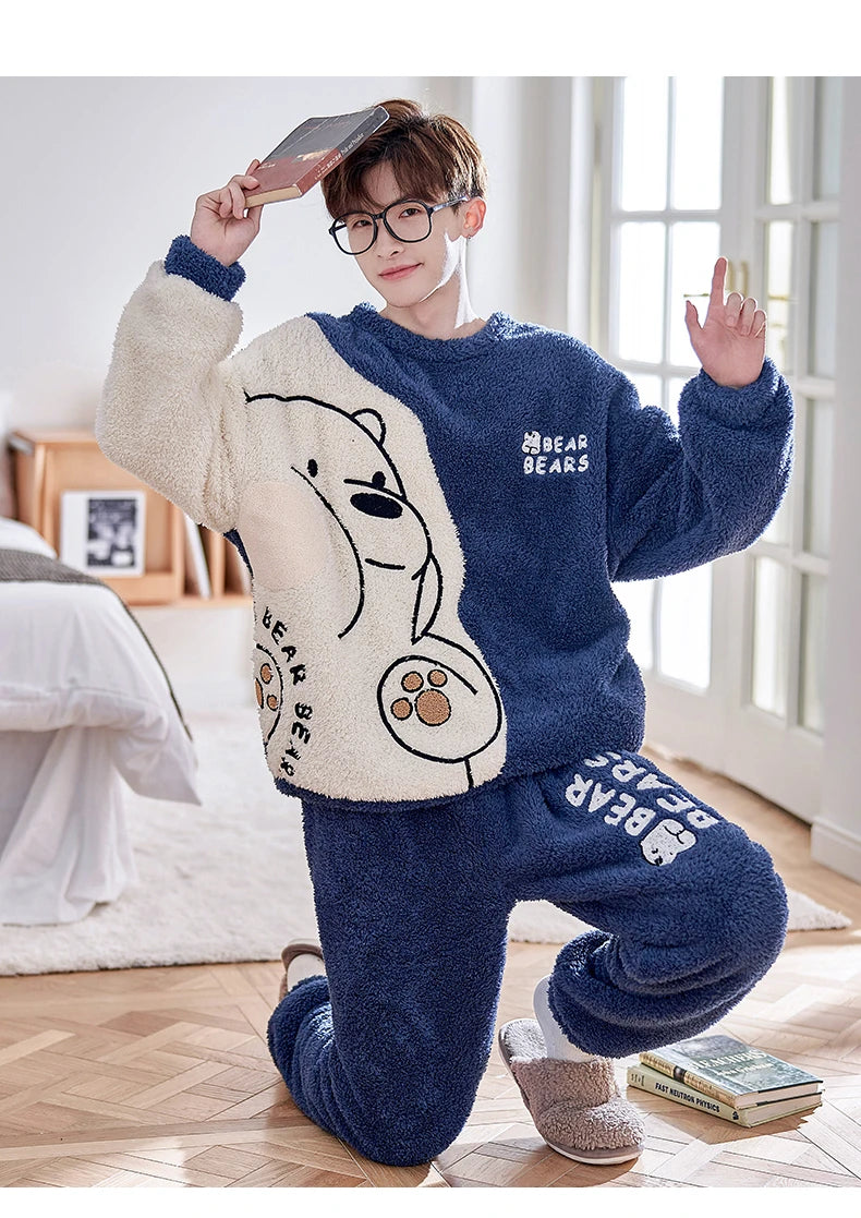 Winter Korean Men Pajamas Sets Adult Sleepwear Home Clothes Thicken Soft Pijama Suit Loungewear Loose Bear Male Pyjama Clothing