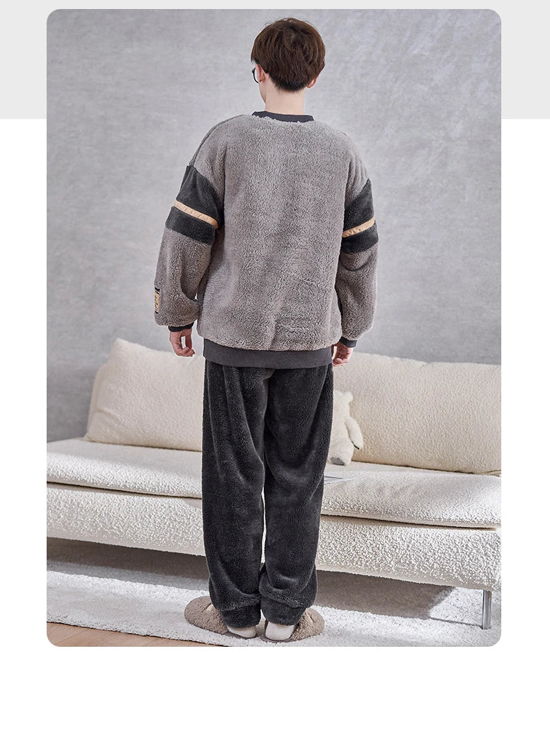 Winter Korean Men Pajamas Sets Adult Sleepwear Home Clothes Thicken Soft Pijama Suit Loungewear Loose Bear Male Pyjama Clothing