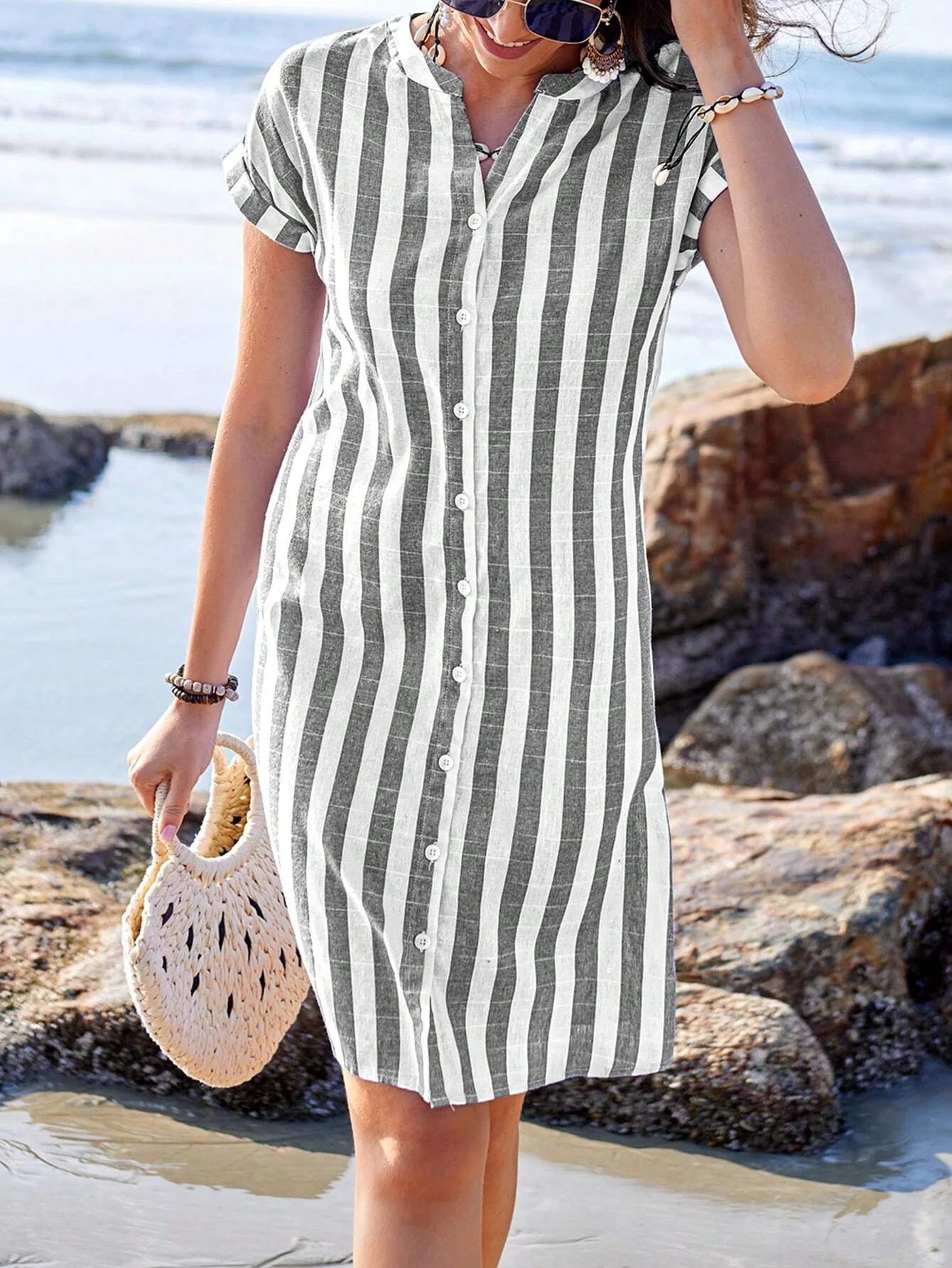Women's Fashion Summer Shirt Dress Elegant Casual Striped Stand Collar Front Button Loose Short Sleeves Dresses
