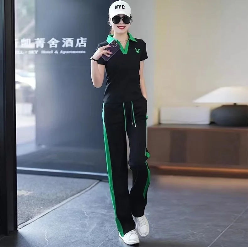 Women's Casual Sports Suit 2025 New Summer Spring Style Clothes Fashion Short Sleeve Lapel T-shirt Wide Leg Pants Two Piece Set