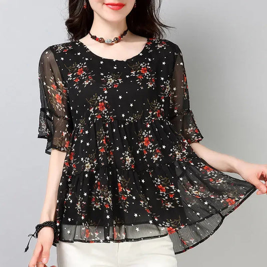 Blouse Women Chiffon Shirt Short Sleeve Women's Top Printed Loose round Neck Blusas Ropa De Mujer