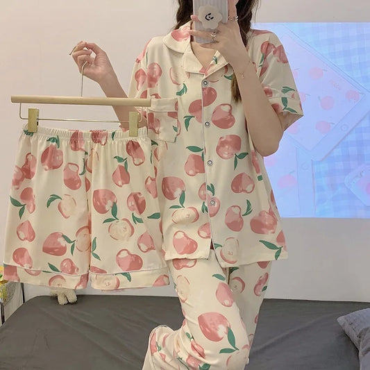 Women's Summer Three-Piece Pajama Set: Cute Teenage Student Short-Sleeved Long Pants Casual Korean-Style Pajamas Underwear