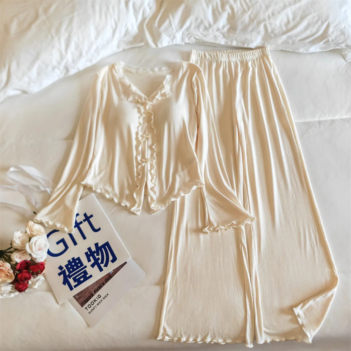 Pijama Feminina New Modal Chest Pad Set 2 Piece Woman Long Sleeve Pajama Sets Casual Korean Sleepwear Pyjamas Femme Home Wear