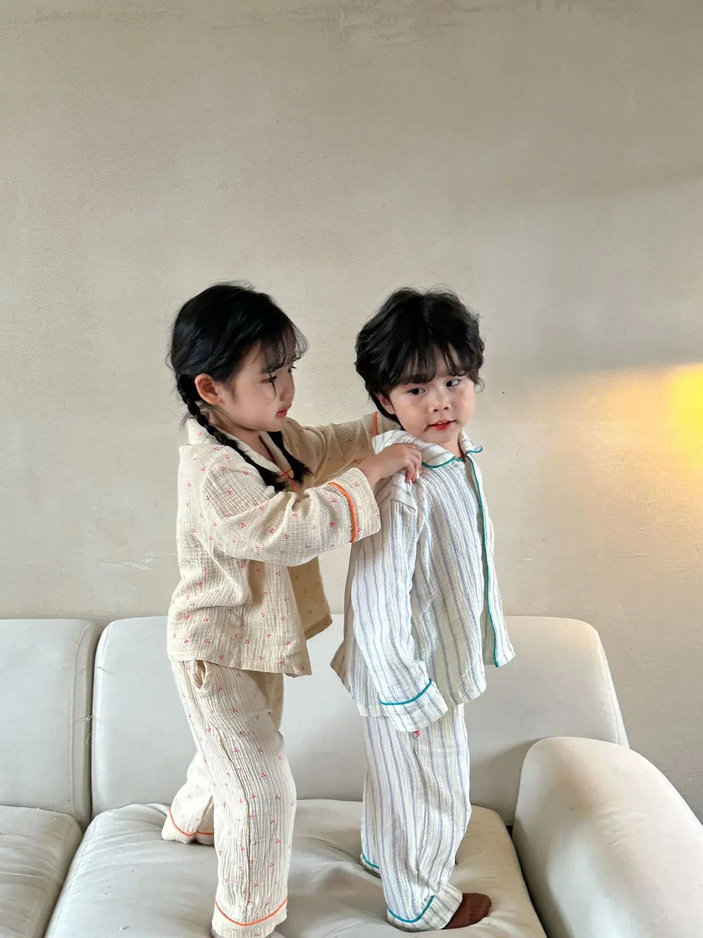 Pajama Sets New Spring Autumn Season Pure Cotton Gauze Baby Long Sleeved Girl Boys Childrens Clothing Sleepwear