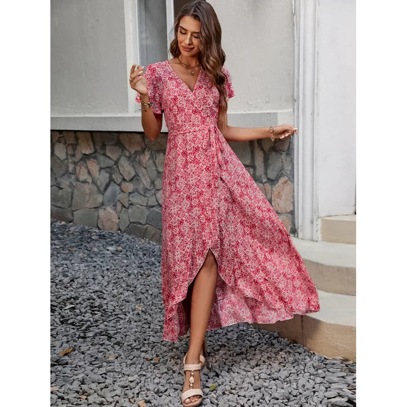New Summer Women's V-neck Print Short-sleeve One-piece Belted Dress Beach Vacation Style Midi Skirt Regular Waistline