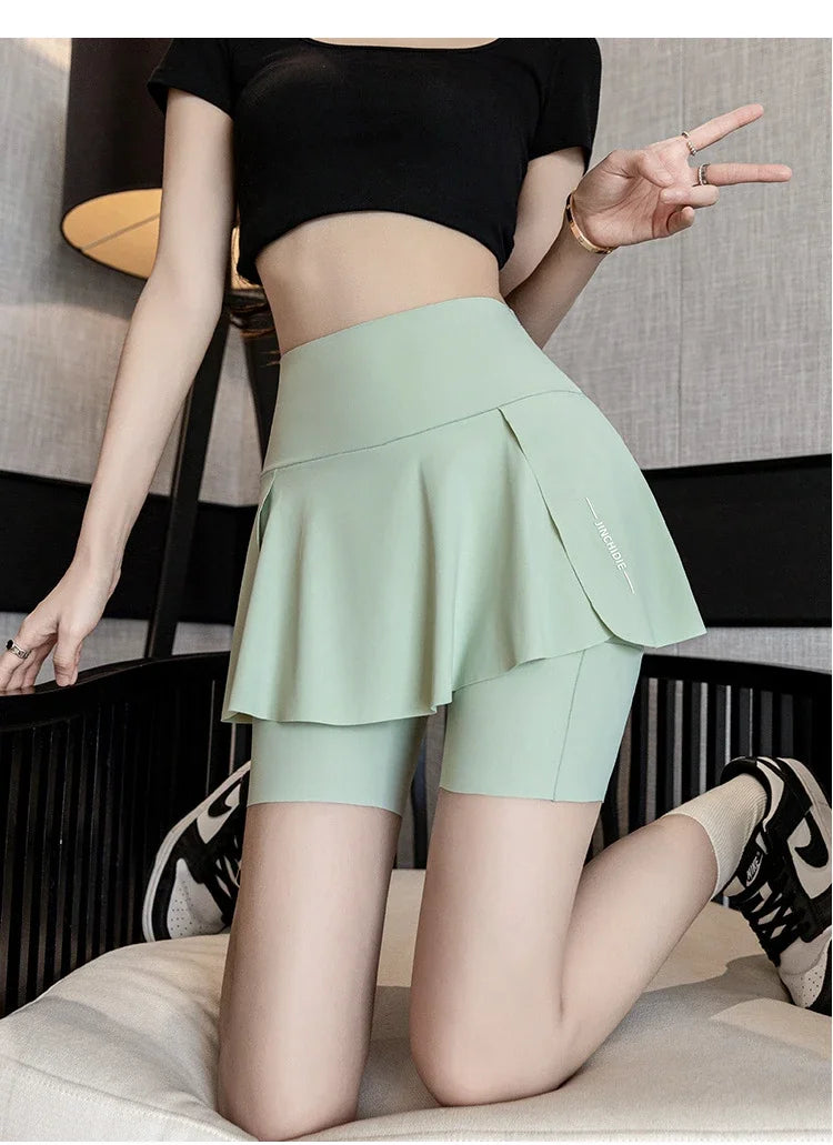 Fake Two Items Shorts Women Big Size Shorts with Pocket Gym Trainning Running Yoga Shorts Stretchy Cycling Three Point Pants