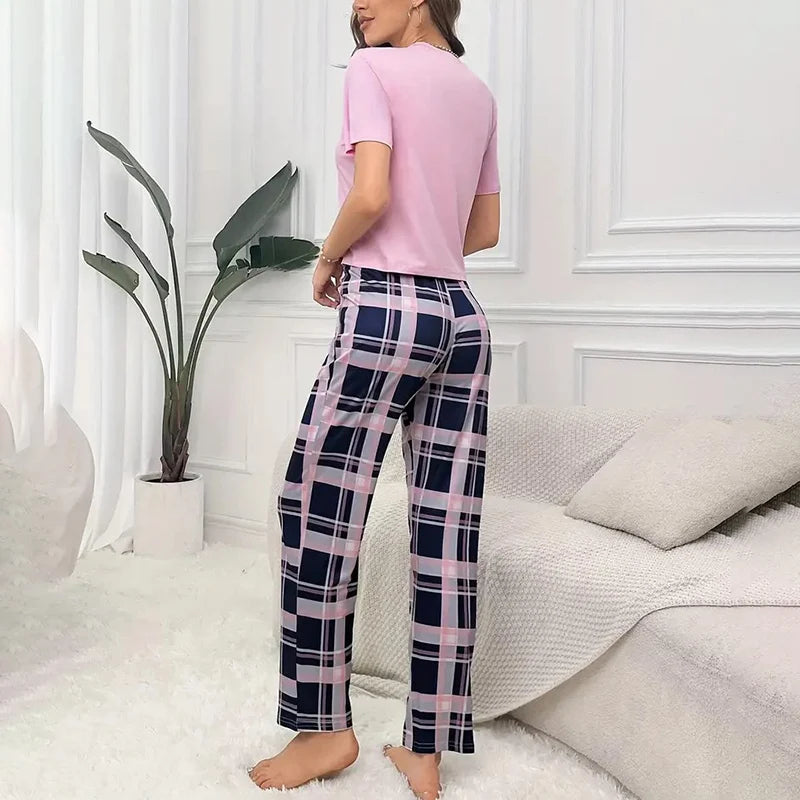 Women's Pajama Pj Set Letter Print Short Sleeve Top & Plaid Print Pants with Bow Details Casual Sleepwear for Adults All Seasons