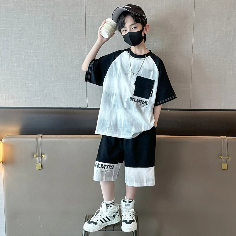 Boys Clothes Sets With Front Pocket 2025 Summer New Tshirts + Shorts Children's Clothes High Quality Kids Boy Sport Suits 5-14T