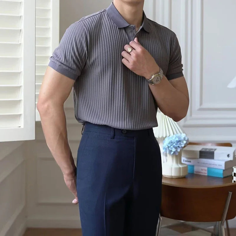 New Vertical Stripe Knit Polo Men's Shirts Summer Slim Solid Color Breathable Turn-Down Collar Business Short Sleeve Polo Tops