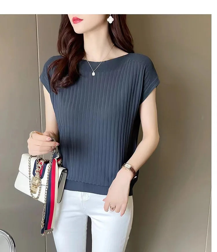 2025 New Spring Autumn Fashion Straight Neck  Knitted Sweater Short Sleeve Women Solid Color Simple Casual Tops Fema