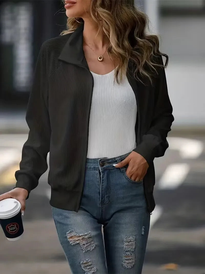 Independent station casual women's autumn and winter new jacket solid color long sleeved loose zipper versatile knitted jacket