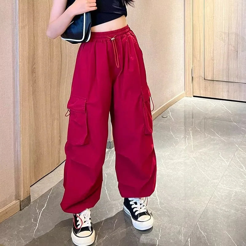 Girls' High Waist Straight Trousers Kids Fashion Hip Hop Joggers Cargo Pants Children Cool Spring Autumn Drawstring Sweatpants