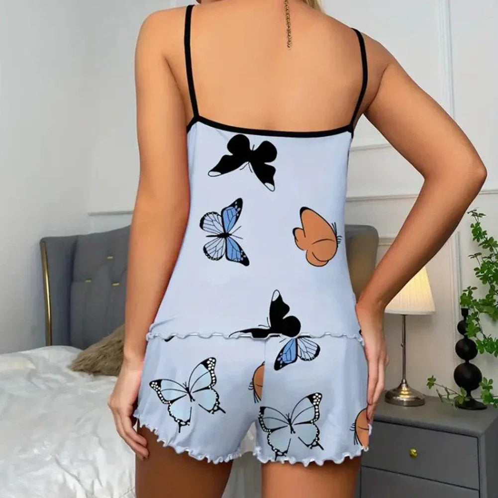 Womens Butterfly Print Pajamas Suit Comfortable Stylish Casual Soft Vest Shorts Trouser Sets Women Pajama Fashion Lounge Pajamas