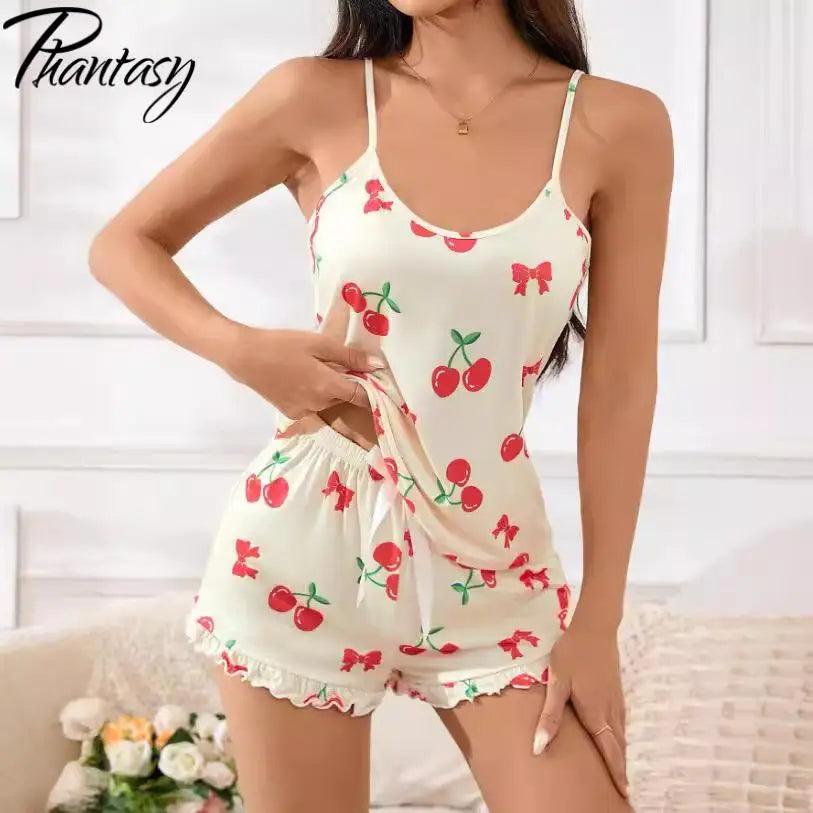 Phantasy Fashion Cherry Print Pajama Set Breathable Soft Casual Style Top Vestido Shorts Pajamas ﻿summer Women's Clothing 2025 ﻿