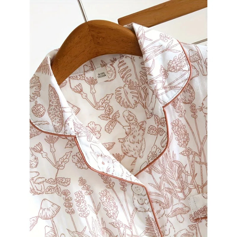 Womens Pajama Set 100 Cotton Gauze Sleepwear Long Sleeve Loose Fit Two Piece Set Comfortable Breathable Nightwear Loungewear