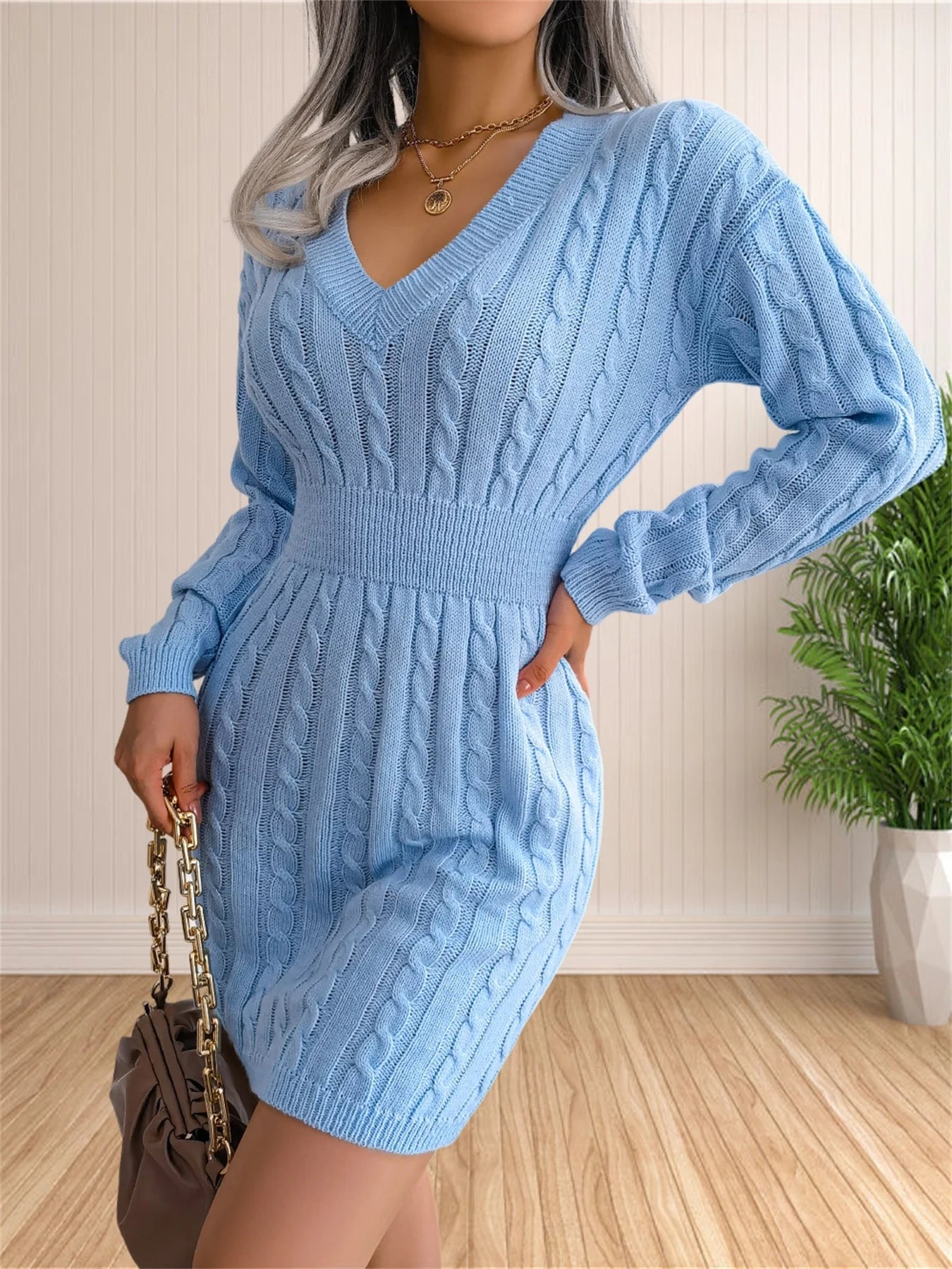 Women Sweater Dresses Cocktail V Neck Knitted Dress Sweater Sheath Dress