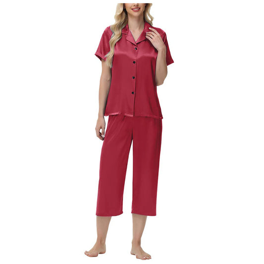 Women'S Pajama Set Burgundy Silky Fabric Short Sleeve Fashion Pants Home Clothes Bedroom Leisure Scene Stay At Home