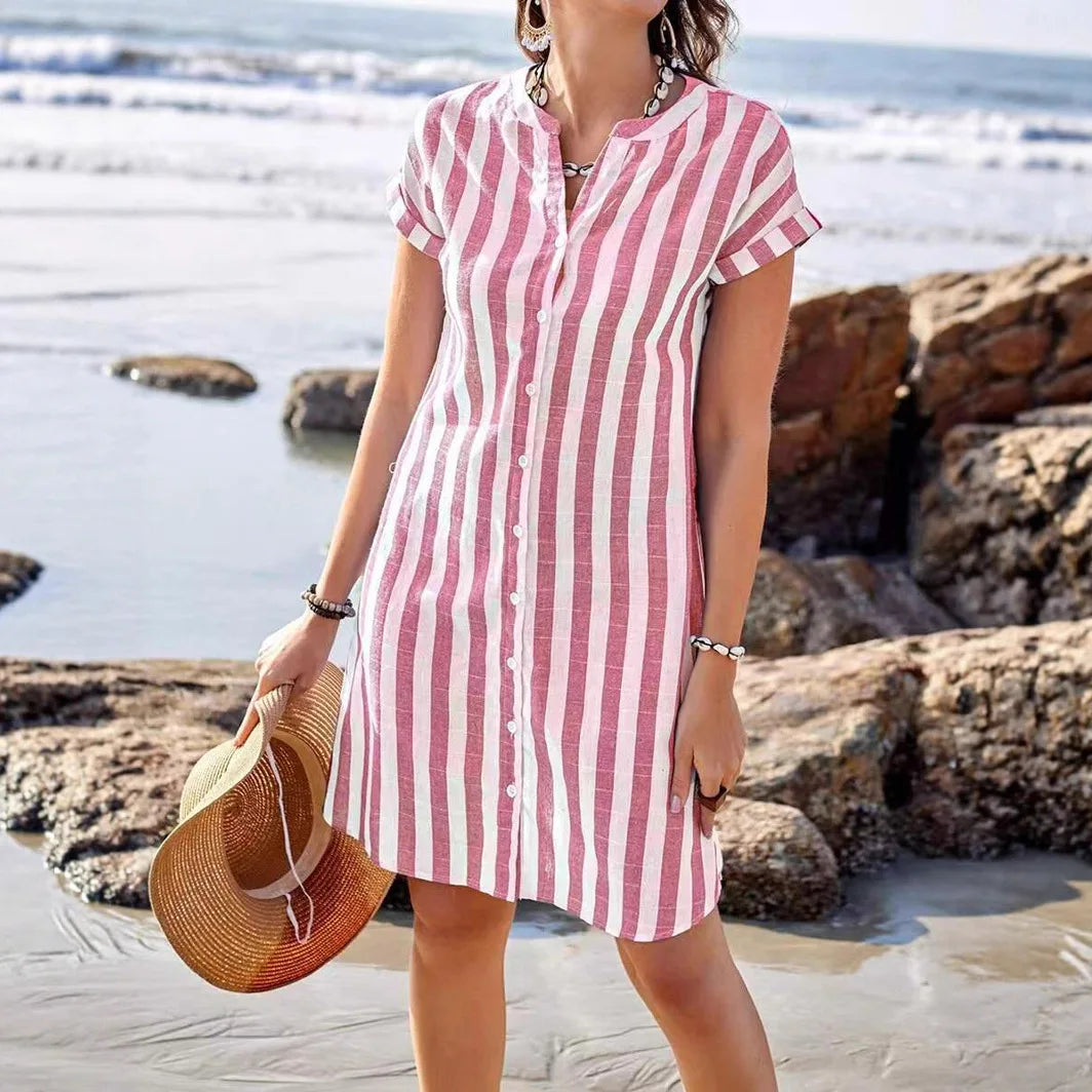 Women's Fashion Summer Shirt Dress Elegant Casual Striped Stand Collar Front Button Loose Short Sleeves Dresses