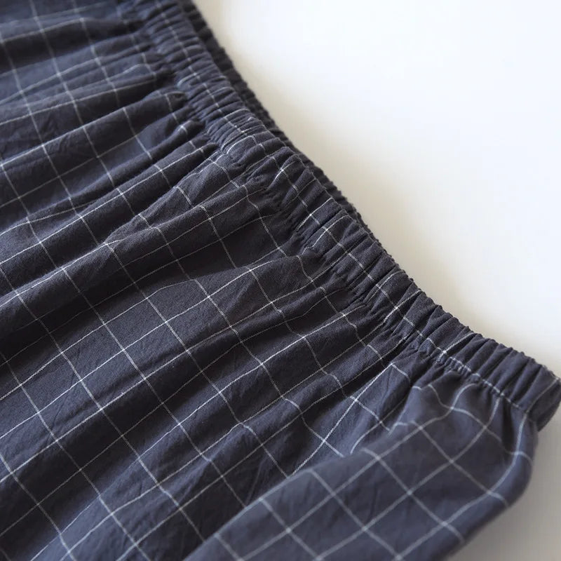 New2025 Men's Summer PajamasThin Short-sleeved Shorts Soft Cotton Simple Japanese Plaid Home Service Suit Pantalon Pijama Hombre