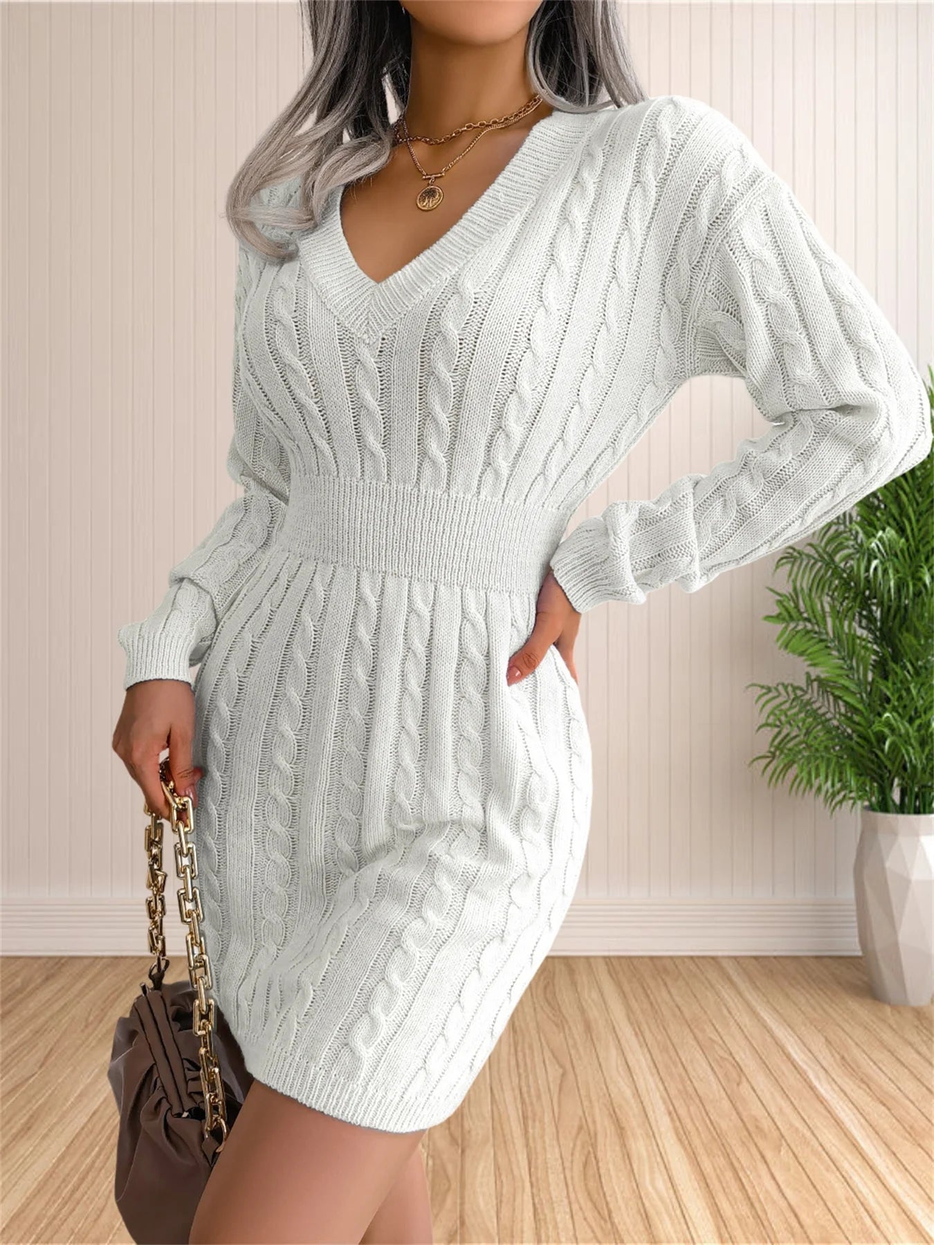 Women Sweater Dresses Cocktail V Neck Knitted Dress Sweater Sheath Dress