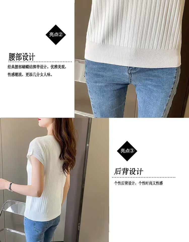 2025 New Spring Autumn Fashion Straight Neck  Knitted Sweater Short Sleeve Women Solid Color Simple Casual Tops Fema