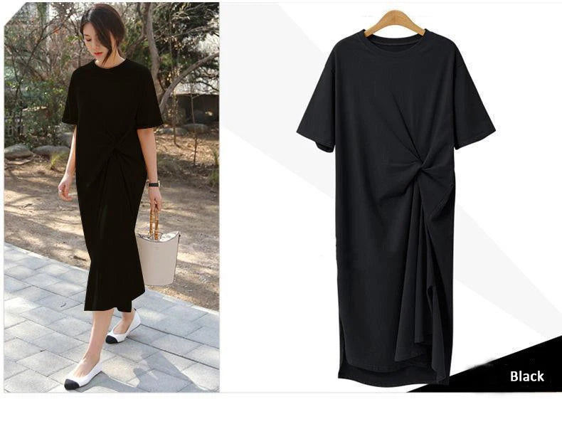 Summer Dress Casual 2024 Black Shirt Dress Midi Women Korean Style Clothes Side Split Ladies 4XL Short sleeve