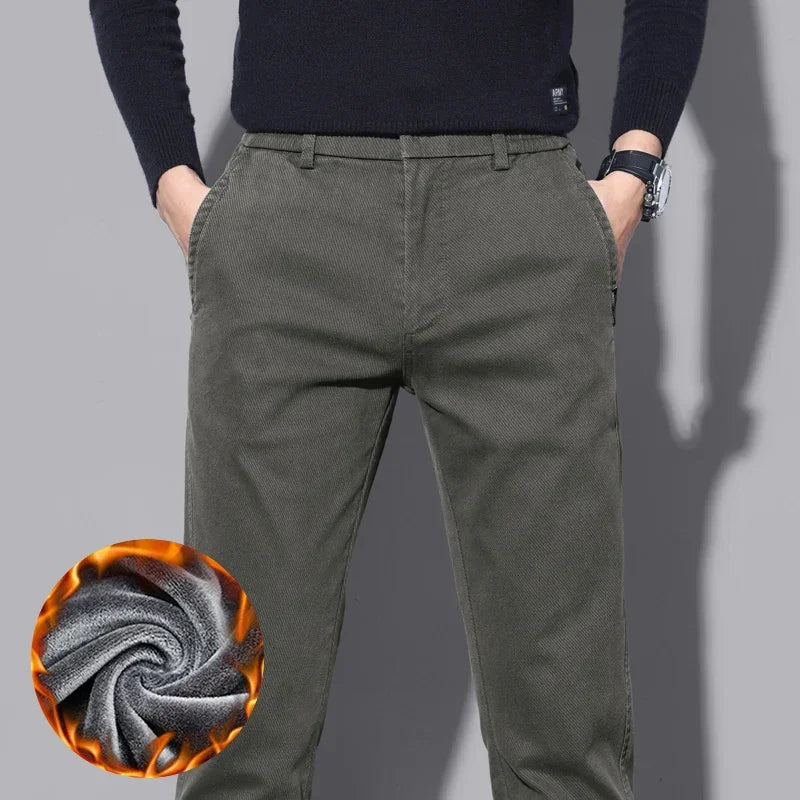 Brand Fleece Pants Forr Men Winter New Warm Cotton Elastic Waist Korean Fashion Twill Straight Plush Trousers Male