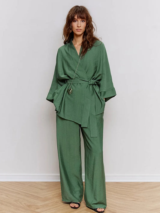 Mozuleva Women's Long Sleeved Pajama Set New Autumn Green Lace Up Pajamas Loose Pants Leisure Home Clothing 2-piece Set