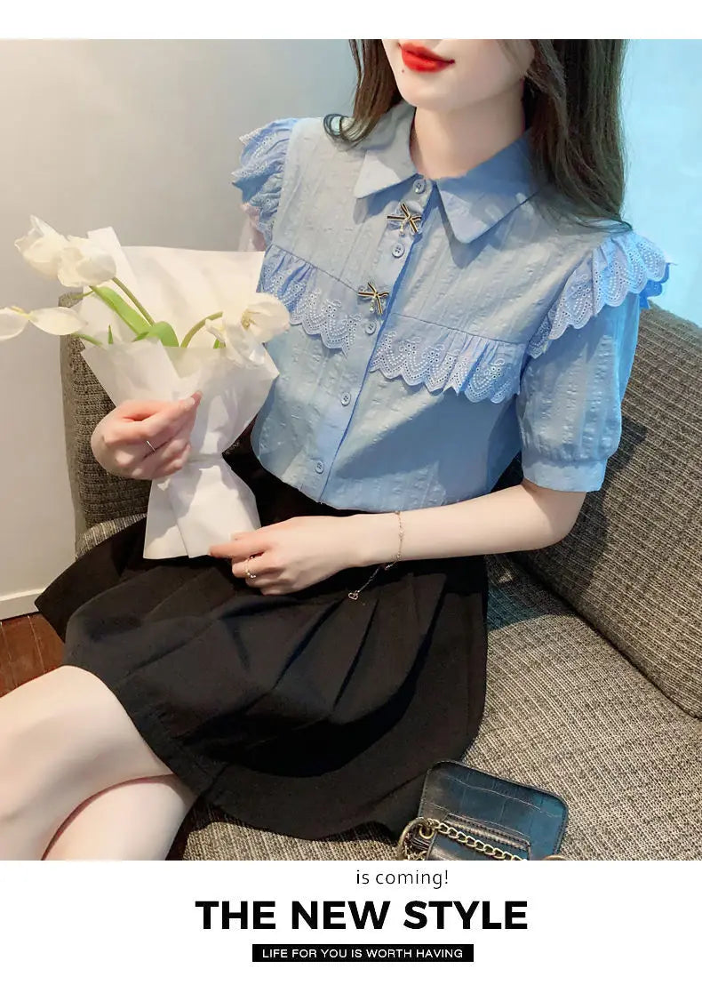 Summer Dress Women's Shirt T-Shirt New Women's Shirt Cotton Shirt Women's Foreign Design Sense Niche Short Sleeve Lace Top