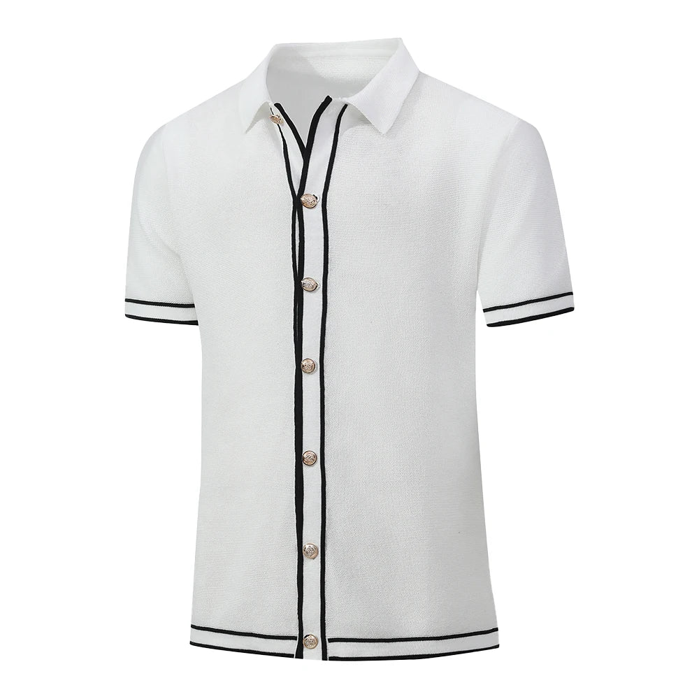 Men's Polo Shirts 2025 Summer Mens Retro Knit Lapel Striped Brand Fashion Short-Sleeved Breathable Casual Slim Tops Men US Size