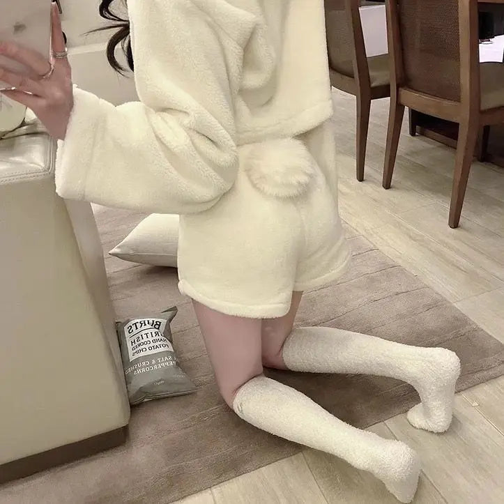 Pajama Sets Women Kawaii Sleepwear Hooded Tender Cozy Loose Fashion Japanese Style Simple Girlish Soft Aesthetic Home Students