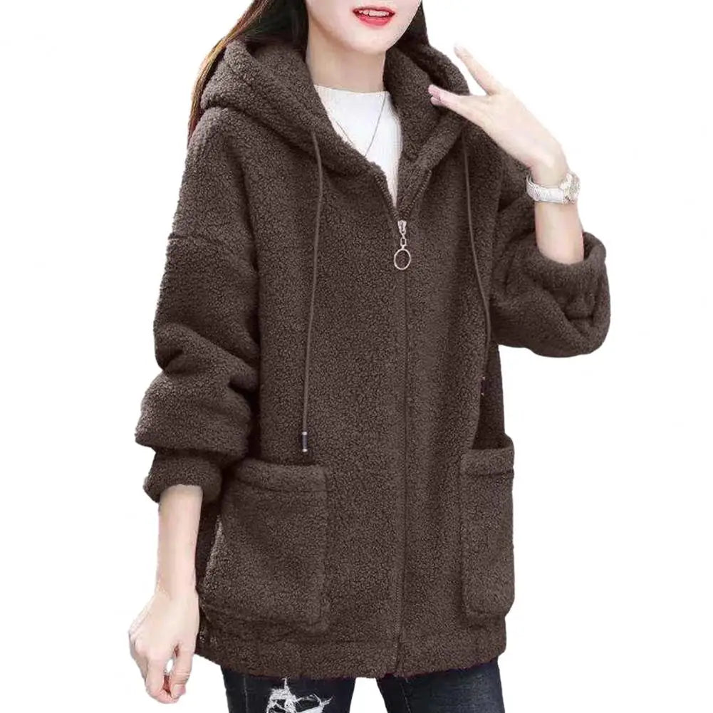 Women Coat Autumn Winter Hooded Drawstring Coat Long Sleeve Pockets Zipper Placket Thick Plush Cardigan Outwear Streetwear