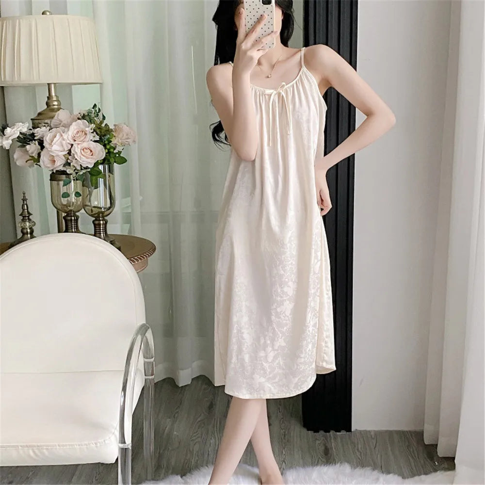 Chinese Women Nightwear Home Clothes Sexy Jacquard Satin Nightdress Sleepwear Nightshirts Silk Sleepshirts Nightgowns For Woman