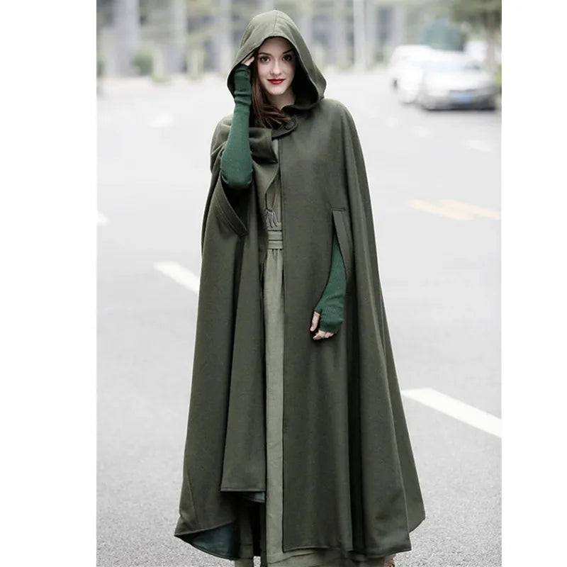 Women Long Cape Cloak Stylish Hooded Wool Blend Cloak Coat Ladies Autumn Hoodies Poncho Warm Cosplay Jackets Outwear Windbreaker