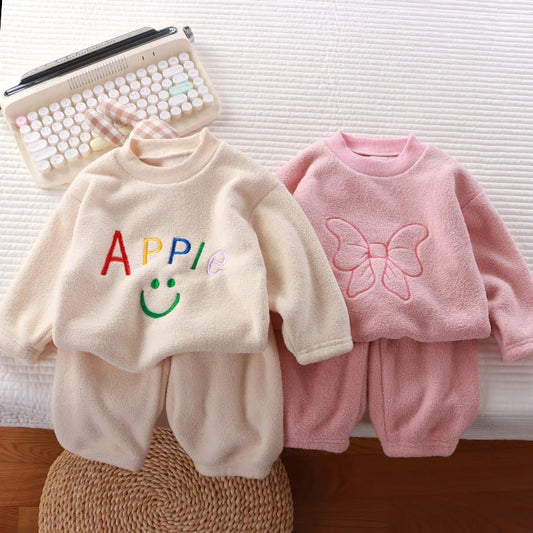 Children's Pajama Set for Boys and Girls Autumn and Winter with Thick Velvet Home Clothes Baby Warm Pure Color Clothing Set