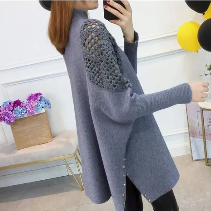 Autumn and winter loose bat pullover half high neck knitted sweater women's new shawl cape nail bead hook flower coat