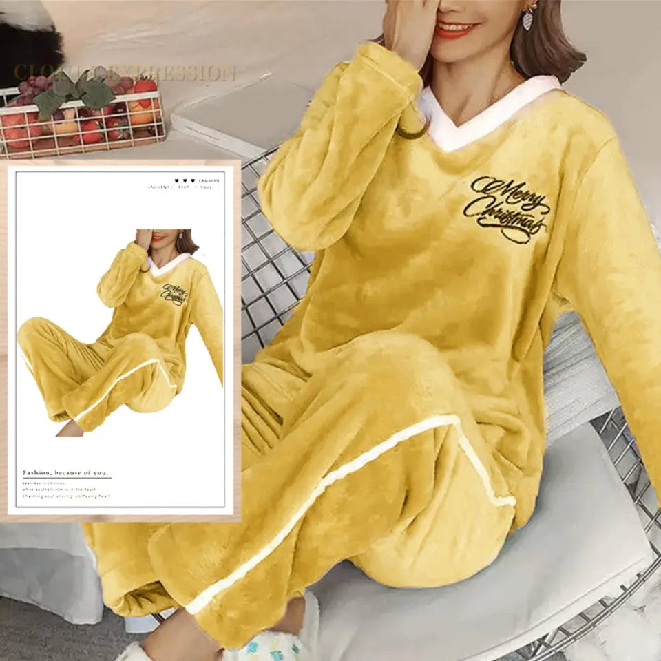 Autumn Winter Flannel Women's Pajamas Sets Polka Dots Printed Teddy Sleepwear Velvet Homewear Kawaii Girsl Pijamas Mujer Pyjama