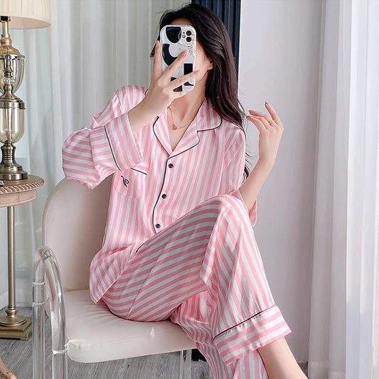 Pink Striped Pajama Set Loungewear Long Sleeves Pants Home Wear Women's Printed Lapel Sleepwear Satin Loose Casual Nightwear