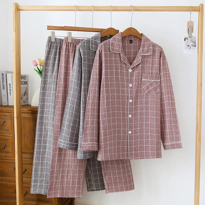 2025 Japanese New Men's Spring/Summer Pajama Set 100% Cotton Plaid Long Sleeve Pants Two Piece Set Large Relaxed Home Furnishing