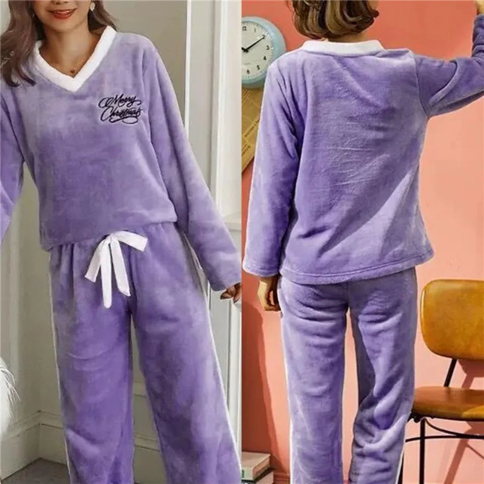 Autumn Winter Flannel Women's Pajamas Sets Polka Dots Printed Teddy Sleepwear Velvet Homewear Kawaii Girsl Pijamas Mujer Pyjama