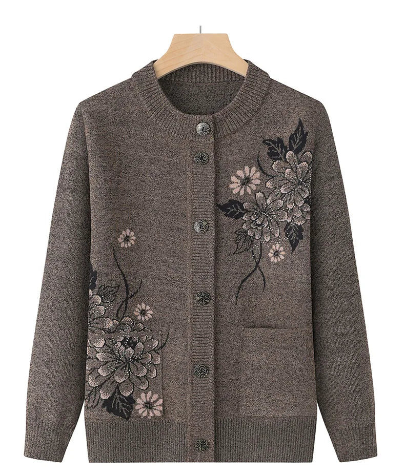 Korean Women's Clothes New Knit Woolen Printed Cardigan Coat Middle Aged Mother Knitwear Tops Vintage Grandma Sweater Jacket