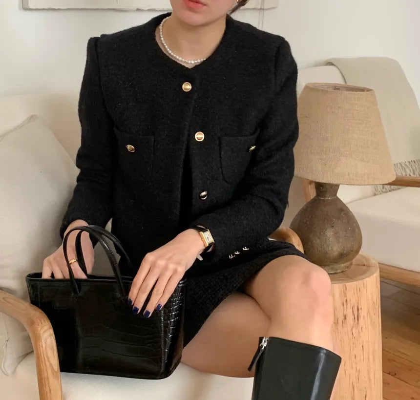 Women Autumn Winter 2025 French Vintage Coat Temperament High Quality Korean Casual Single Breasted Slim Tweed Jackets