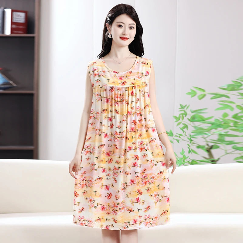2025 New Women's Spwear Cotton Silk Nightgown round Ne Mid-Length Svel Dr Artificial Cotton Home Clothes