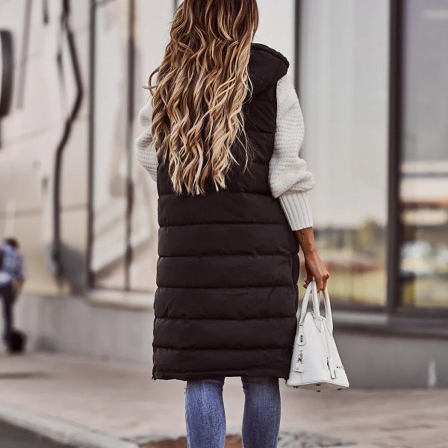 Women's Long Coat Vest With Hood Autumn Winter Sleeveless Warm Cotton Down Coat Waistcoat Quilted Vest Down Jacket Outwear 2XL