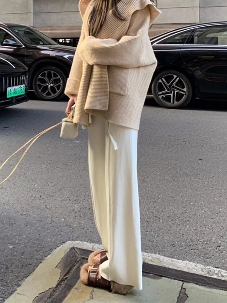 Knitted Pants Women Fashion Vintage Casual Capris Solid Loose Lace Up Wide Leg Pants Elastic Waist 2025 New Autumn Winter Pants