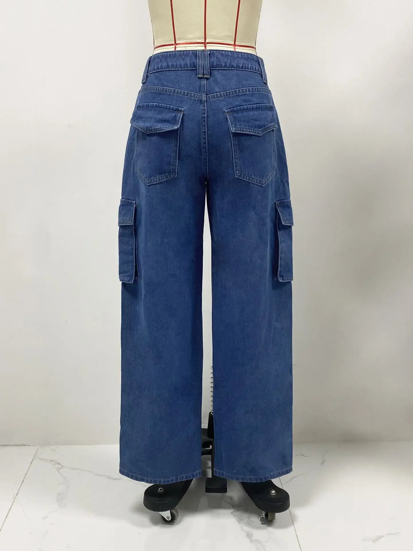 American Retro Mid-waist Multi-pocket Cargo Pants Jeans, Women's Casual Loose Straight Long Pants, Patchwork Jeans,Spring Autumn