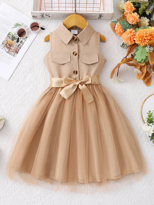 Girls' fashion dress, net color sleeveless lapel mesh dress with woven waistband
