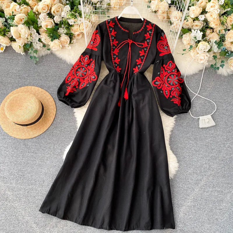Bohemian Embroidered Dress for Women, Boho, Flower, O-Neck, Lantern Long Sleeve, High Waist, Cotton, White, Spring