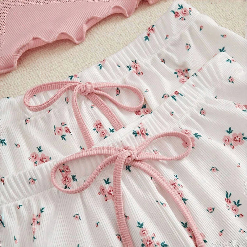 Pajama Sets Women Three Pieces Set Tank Tops Print Shorts Long Pant Suits Casual Sleep Lounge Sweet Lady Sleepwear Summer