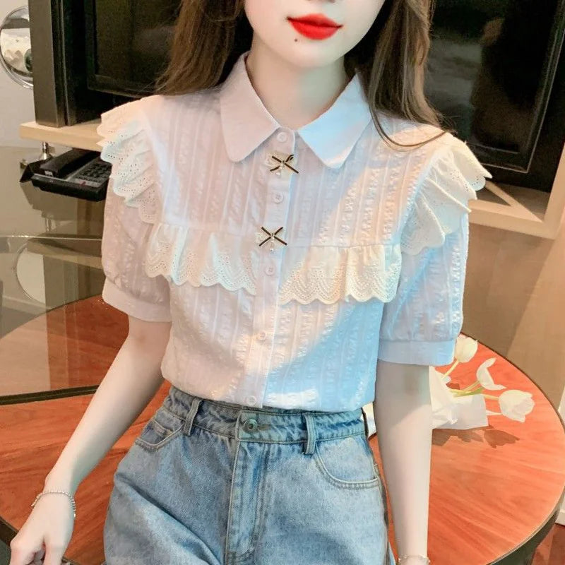 Summer Dress Women's Shirt T-Shirt New Women's Shirt Cotton Shirt Women's Foreign Design Sense Niche Short Sleeve Lace Top